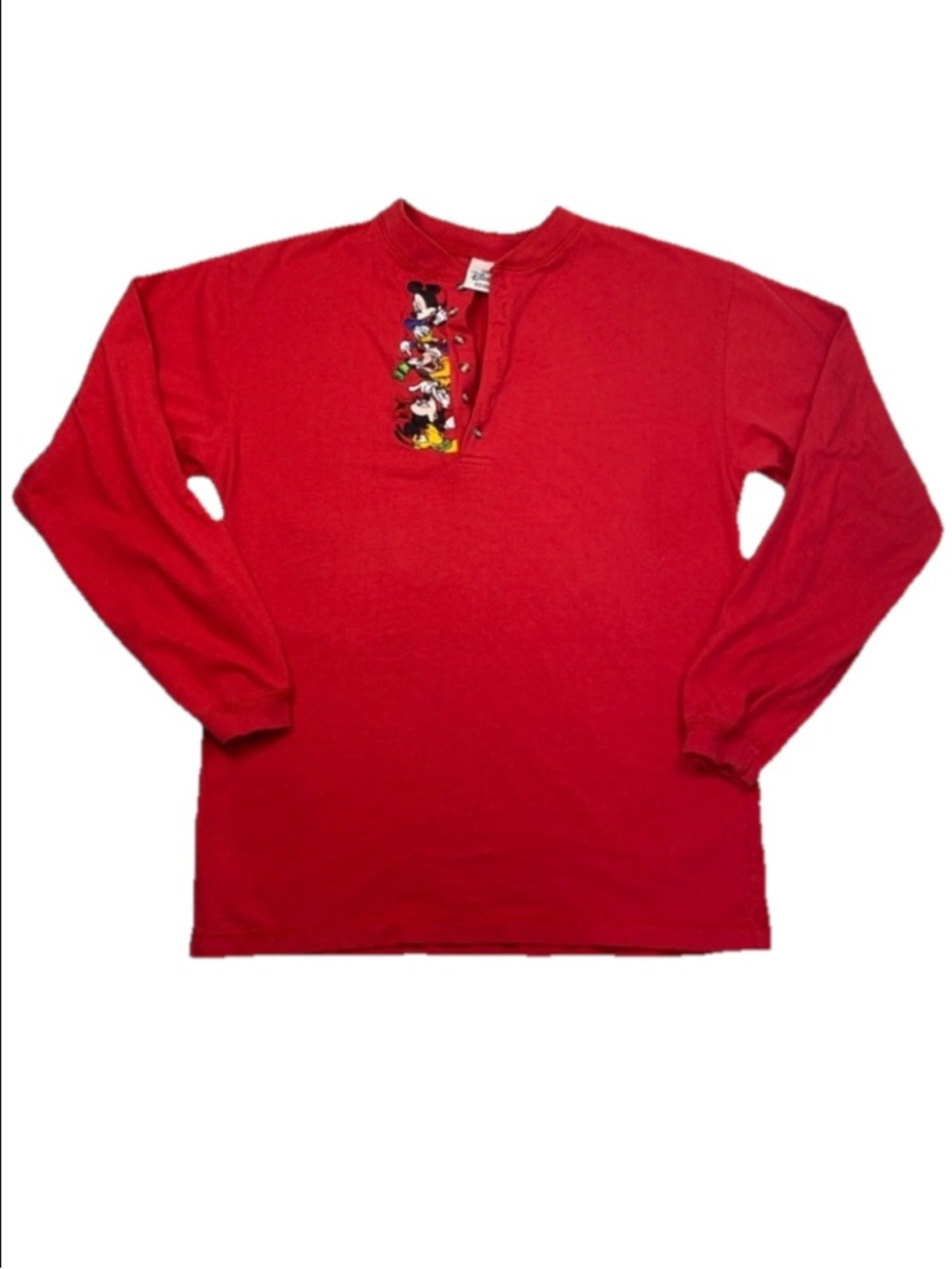Vintage 90s Disney Mickey & Friends Red Long Sleeve Henley Tee Medium